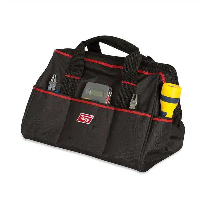 Bolsa de herramientas de nylon negra con bolsillos exteriores