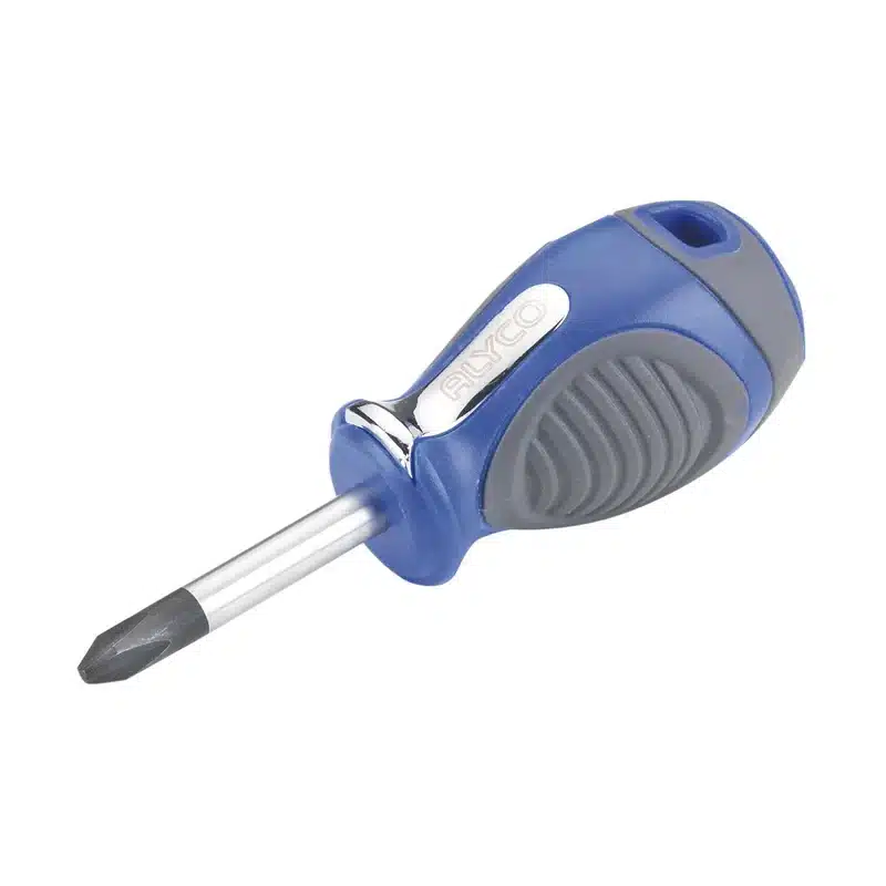 Destornillador Phillips PH2 corto con mango bimaterial azul