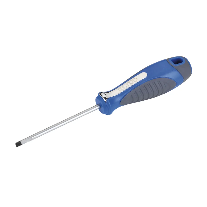 Destornillador plano de boca recta con mango bimaterial azul y gris