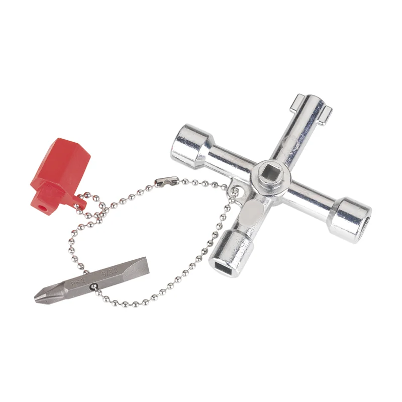 Llave de cabina en cruz con bocas de cuadradillo y triángulo y su adaptador de puntas