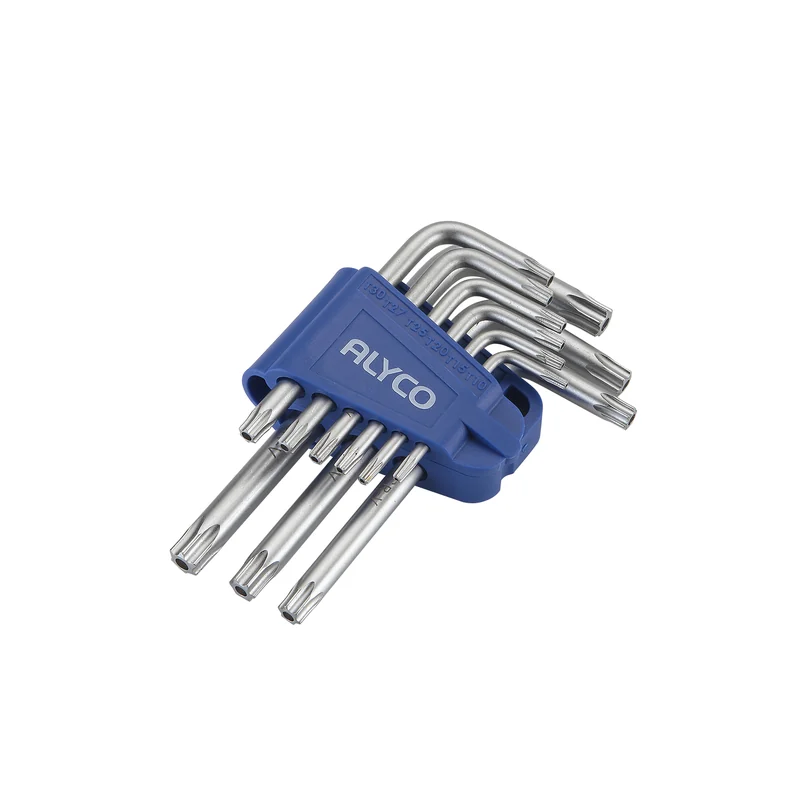 Juego de nueve llaves torx con agujero en su soporte azul