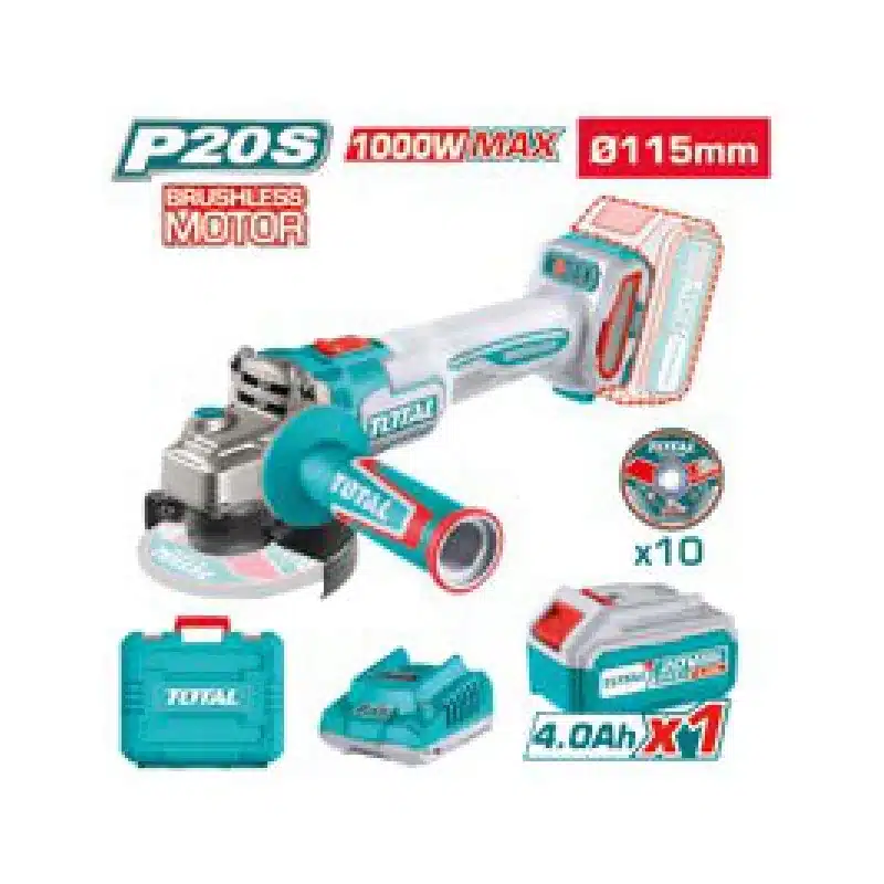 Amoladora a batería TOTAL de 115 mm con batería, cargador y maletín