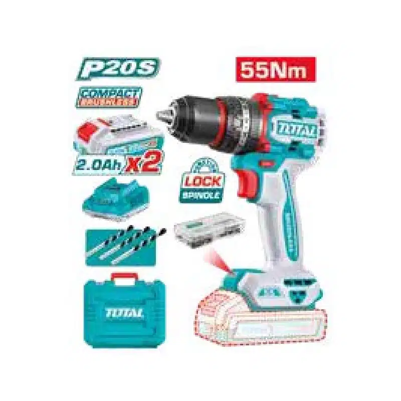 Taladro percutor a batería TOTAL de 20 V con dos baterías y maletín