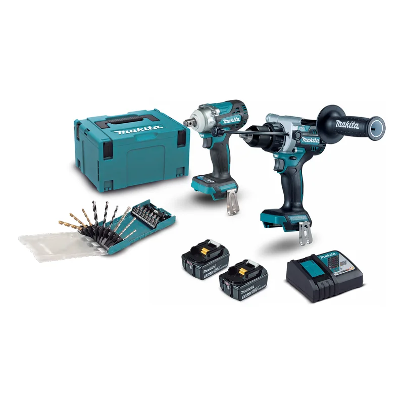 Kit Makita DLX2590TJ con taladro percutor DHP492, llave de impacto DTW300, maletín Makpac, cargador, dos baterías de 5,0 Ah y estuche de brocas y puntas