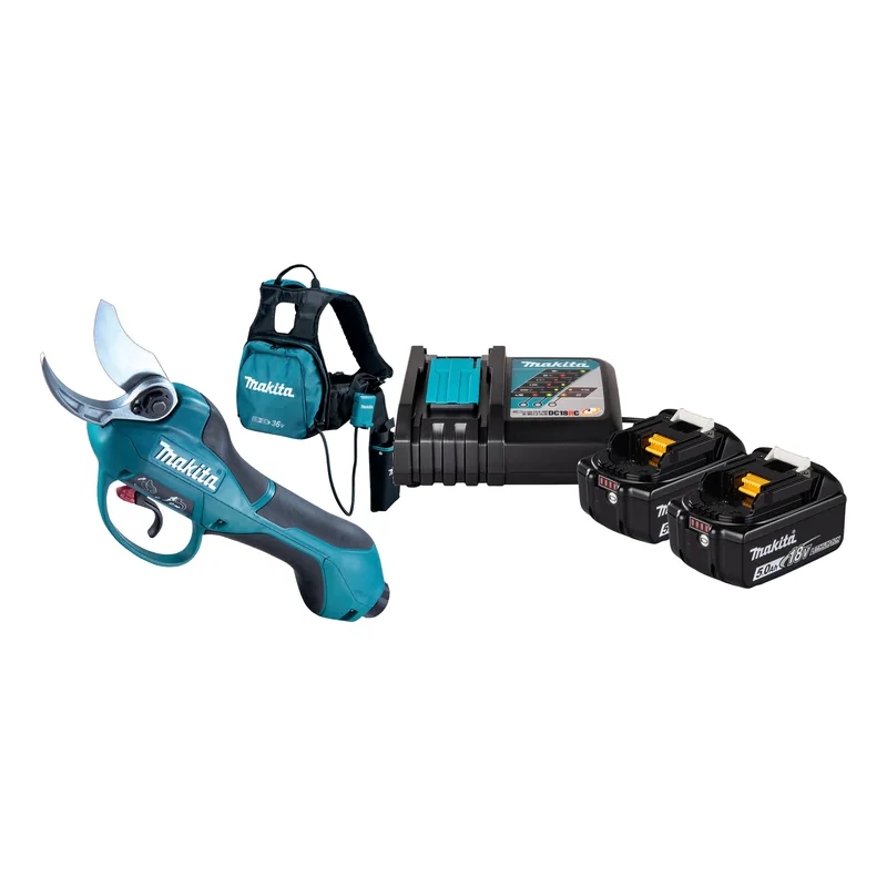 Tijeras de poda Makita DUP362Z con arnés, cargador rápido DC18RC y dos baterías de 5,0 Ah