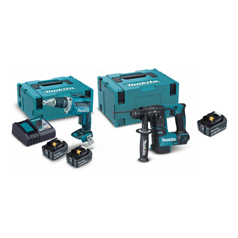 Kit Makita con atornillador de pladur DFS452, martillo SDS-Plus DHR171, maletines Makpac, cargador y tres baterías de 5,0 Ah