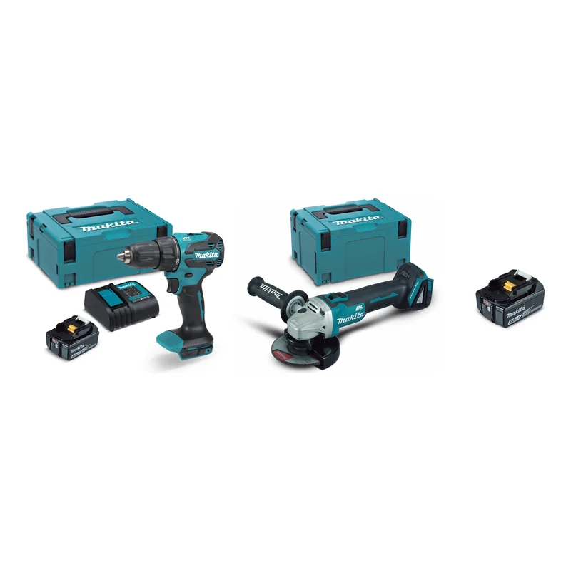 Kit Makita con taladro percutor DHP490, miniamoladora DGA504 de 125 mm, maletines Makpac, cargador y baterías de 4,0 y 5,0 Ah