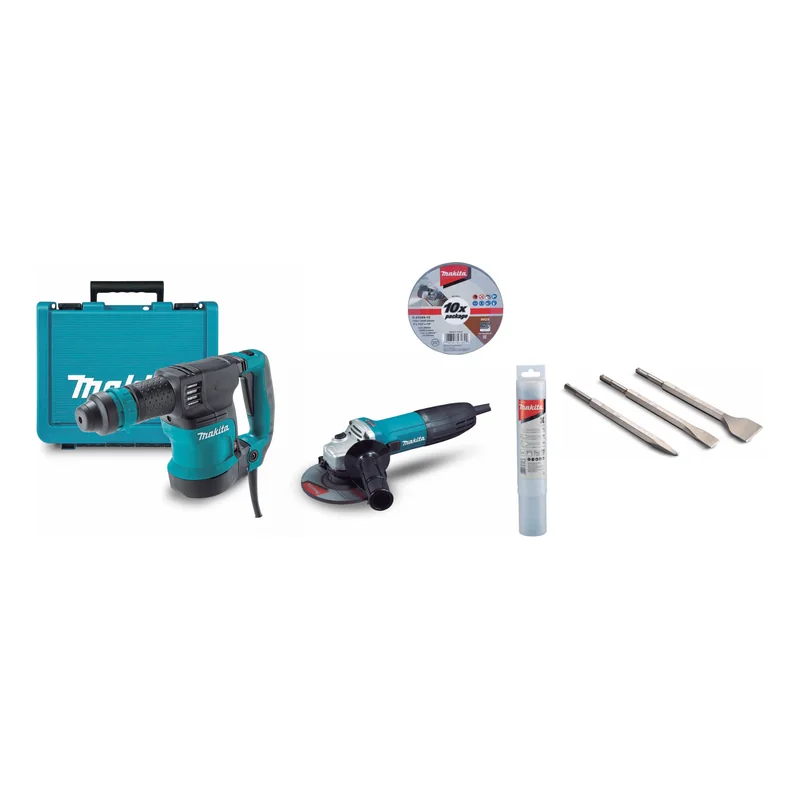 Martillo mini demoledor Makita HK1820 con maletín y miniamoladora GA5030R, con 10 discos de corte inox y set de 3 cinceles SDS-Plus